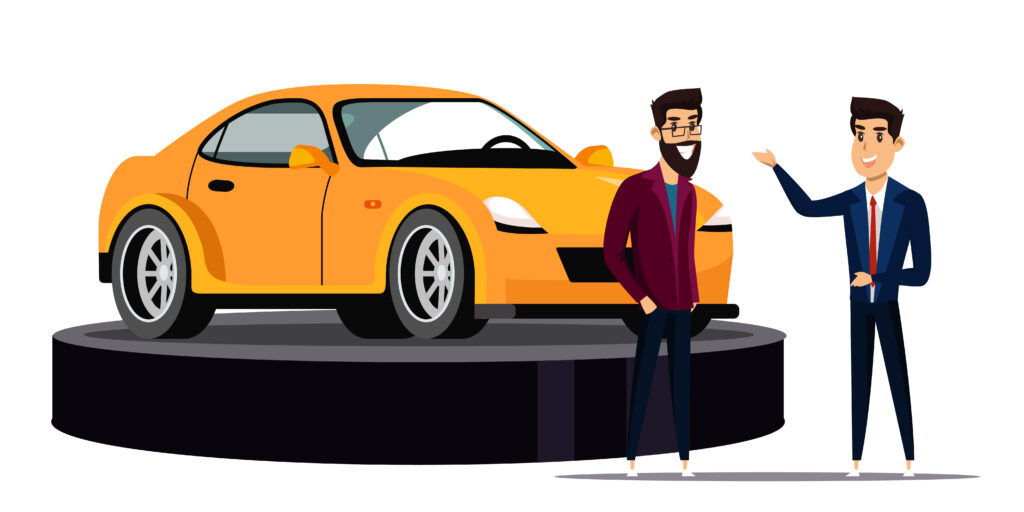 Top car motor show illustration. Rich people choosing automobile cartoon character, wealthy man buying expensive sport car