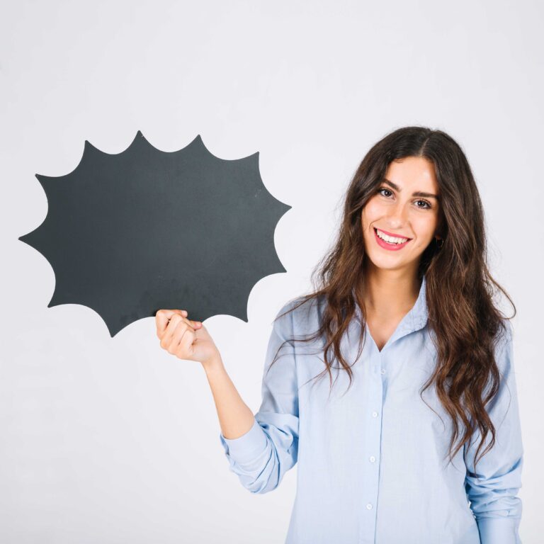 friendly-woman-presenting-speech-bubble-slate