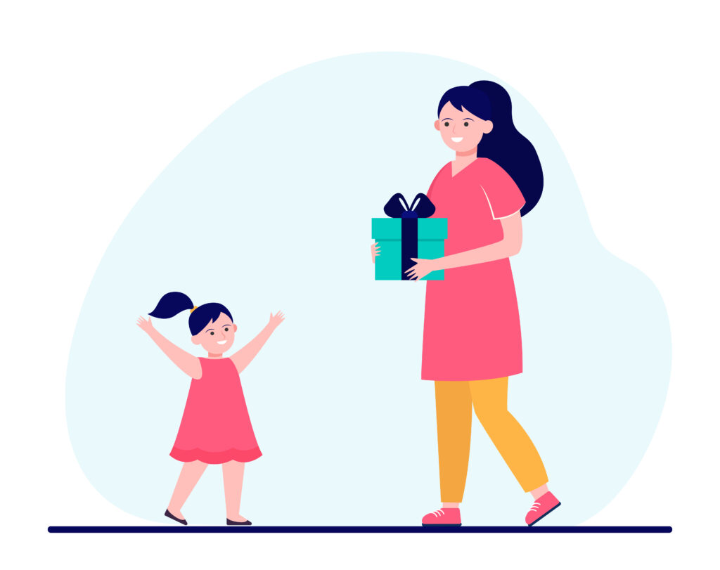 Happy mother holding gift for little daughter